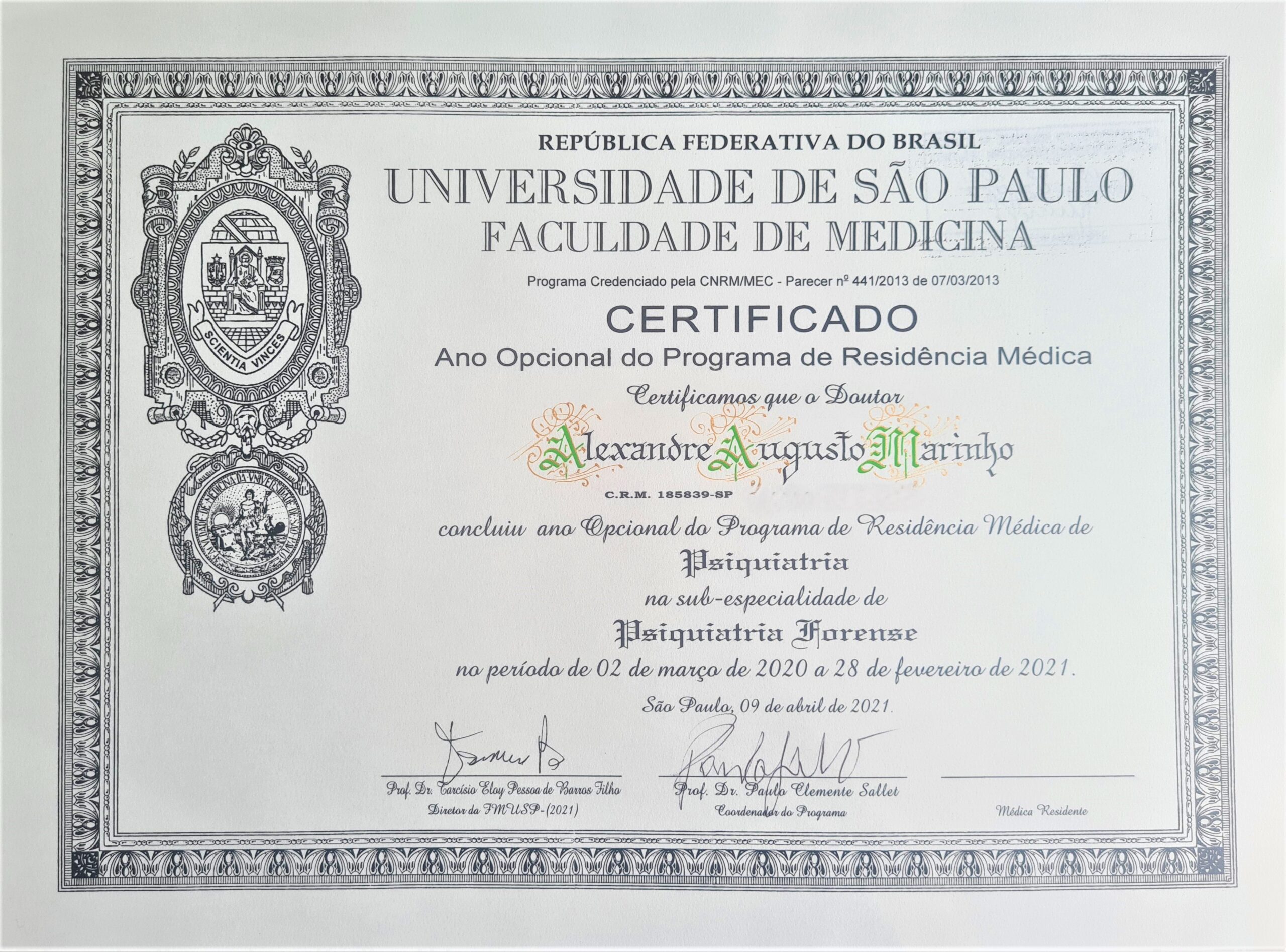 Diploma Psiquiatria Forense USP